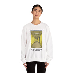 Crewneck Sweatshirt "Do Not Question the Hallway" – Retro Yellow Corridor Graphic