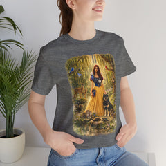 Fairy Tale Forest Tee — Woman with Dog Vintage Fantasy Graphic Shirt