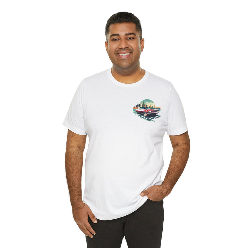 Vintage Car Graphic Tee - Sunset Cityscape Design