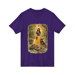 Forest Maiden V-Neck Tee — Woman with Dog & Nature Illustration