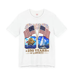 250 Years of Liberty Patriotic T-Shirt - Unique 1776 Tall Ship Brig and a 2026 Flying Scot Sailing Racer