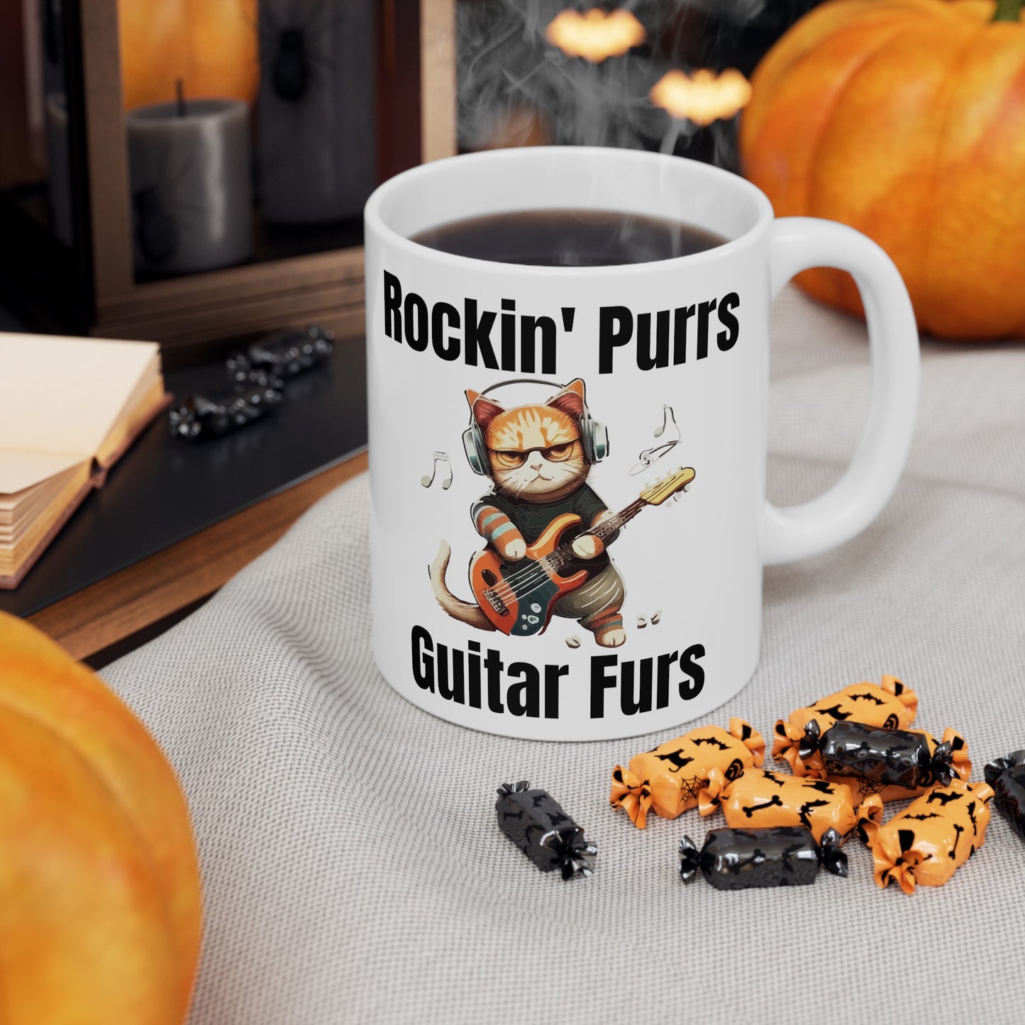 Cat lover mug, guitarist cat mug, ceramic cat mug, 11oz, 15oz, music lover gift, funny cat mug, musician gift idea, rock guitarist gift