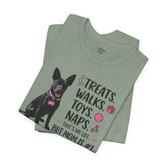 Personalized Your Dog and its name Mother's Day T-Shirt — 'Treats. Walks. Toys. Naps.