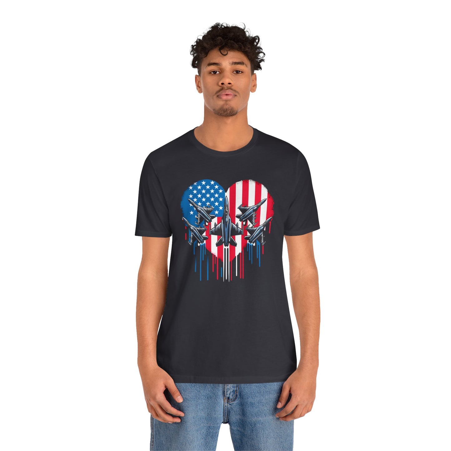 Red White and Blue Heart with Jets Graphic, Unisex Jersey Short Sleeve Tee