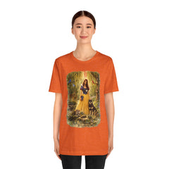 Fairy Tale Forest Tee — Woman with Dog Vintage Fantasy Graphic Shirt