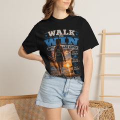 Women's Leg Amputee Walk to Win Water Leg Beach T-Shirt — Motivational Ocean Sunset Graphic Tee