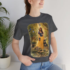 Fairy Tale Forest Tee — Woman with Dog Vintage Fantasy Graphic Shirt